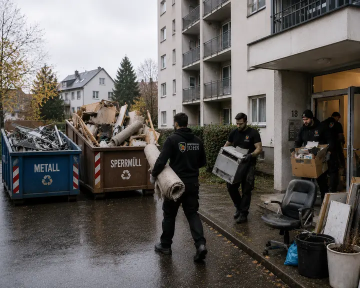 Entrümpelung mit Containern vor einem Wohnhaus