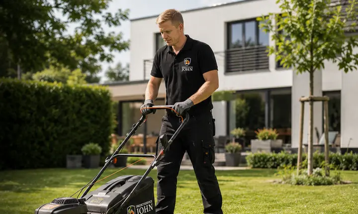 Rasenmähen in einem gepflegten Garten