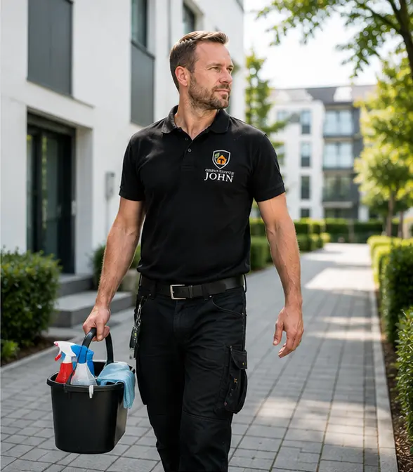 Mitarbeiter mit Reinigungsutensilien vor einem Wohnhaus