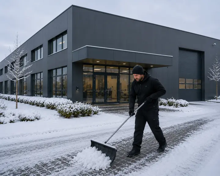 Schneeräumung vor einem Gewerbegebäude